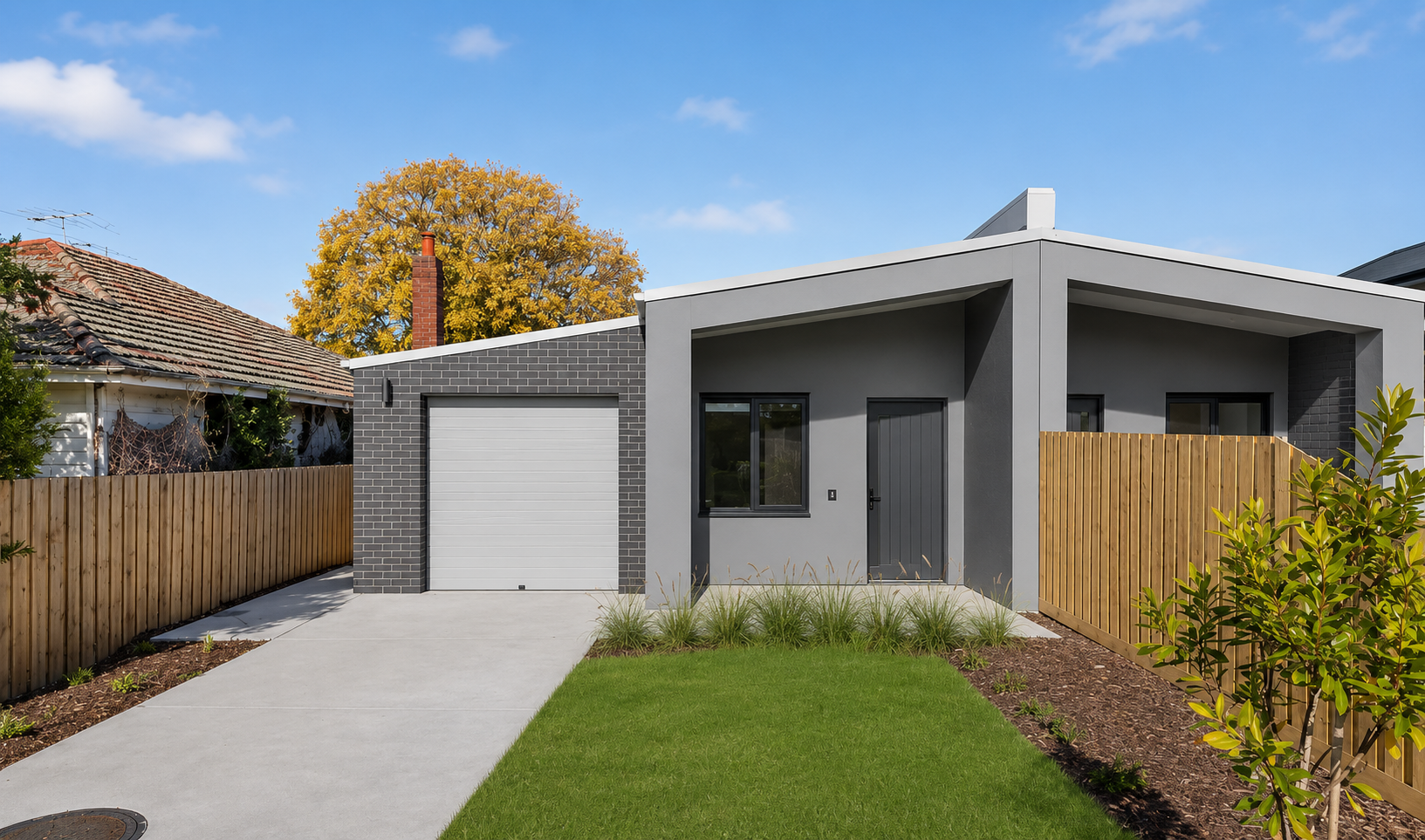 Exterior of a completed single-storey home with a level driveway, garage and a step-free path to the front entry.